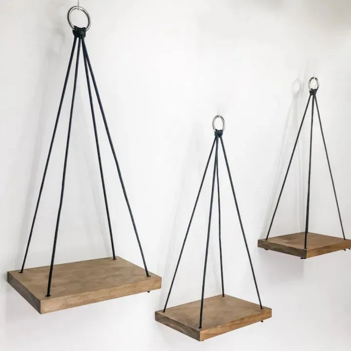Pack of 3 Decorative Wall Hanging Shelves, Pine Lumber, Black Rope, Silver Ring, Adjustable Length, 8x5.5 Inches