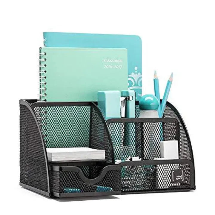 Metal Desk Organizer Mindspace Office with 6 Compartments + Drawer The Mesh Collection, Black